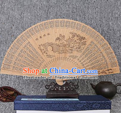 Traditional Chinese Handmade Crafts Sandalwood Folding Fan, China Classical West Lake Spring Scenery Sensu Hollow Out Wood Fan Hanfu Fans for Women