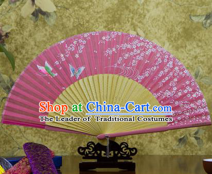 Traditional Chinese Handmade Crafts Bamboo Rib Folding Fan, China Classical Printing Butterfly Sensu Pink Silk Fan Hanfu Fans for Women