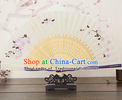 Traditional Chinese Handmade Crafts Bamboo Rib Folding Fan, China Classical Printing Peach Flowers Sensu Beige Silk Fan Hanfu Fans for Women