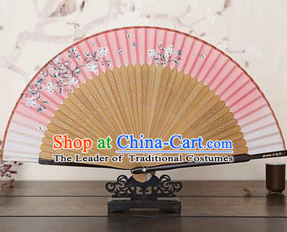 Traditional Chinese Handmade Crafts Bamboo Rib Folding Fan, China Classical Printing Peach Flowers Sensu Gradient Pink Silk Fan Hanfu Fans for Women