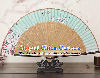 Traditional Chinese Handmade Crafts Bamboo Rib Folding Fan, China Classical Printing Peach Flowers Sensu Gradient Green Silk Fan Hanfu Fans for Women