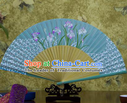 Traditional Chinese Handmade Crafts Bamboo Rib Folding Fan, China Classical Printing Orchid Sensu Blue Silk Fan Hanfu Fans for Women
