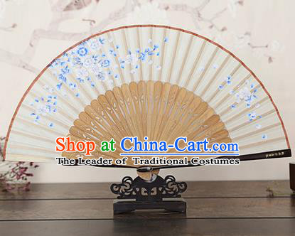 Traditional Chinese Handmade Crafts Bamboo Rib Folding Fan, China Classical Printing Peach Flowers Sensu White Silk Fan Hanfu Fans for Women