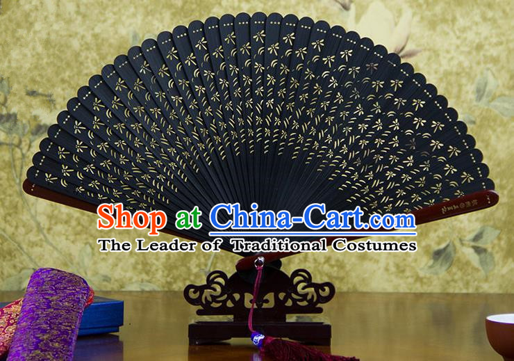 Traditional Chinese Handmade Crafts Bamboo Carving Folding Fan, China Classical Dragonfly Sensu Hollow Out Wood Black Fan Hanfu Fans for Women