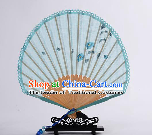 Traditional Chinese Handmade Crafts Hand Painting Flower Folding Fan, China Classical Linen Sensu Sunflower-type Light Blue Fan Hanfu Fans for Women