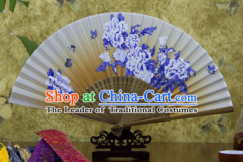 Traditional Chinese Handmade Crafts Hand Painting Butterfly Flowers Folding Fan, China Classical Orange Sensu Silk Fan Hanfu Fans for Women