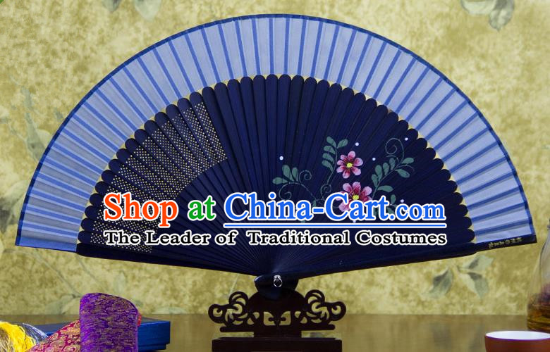 Traditional Chinese Handmade Crafts Hand Painting Flowers Folding Fan, China Classical Blue Sensu Silk Fan Hanfu Fans for Women