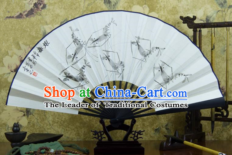 Traditional Chinese Handmade Crafts Ebonize Folding Fan, China Classical Art Paper Sensu Ink Painting Shrimp Xuan Paper Purple Fan Hanfu Fans for Men