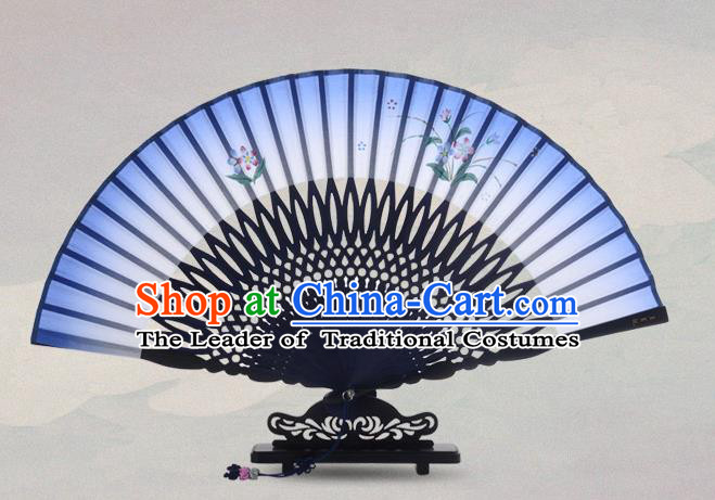 Traditional Chinese Handmade Crafts Painting Flowers Folding Fan, China Classical Sensu Blue Silk Fan Hanfu Fans for Women