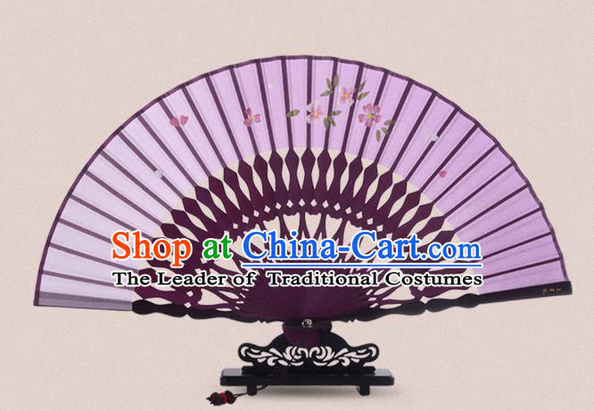 Traditional Chinese Handmade Crafts Painting Flowers Folding Fan, China Classical Sensu Purple Silk Fan Hanfu Fans for Women