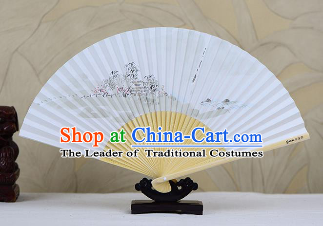 Traditional Chinese Handmade Crafts Ink Painting Lake Scenery Folding Fan, China Classical Art Paper Sensu Xuan Paper Fan Hanfu Fans for Men