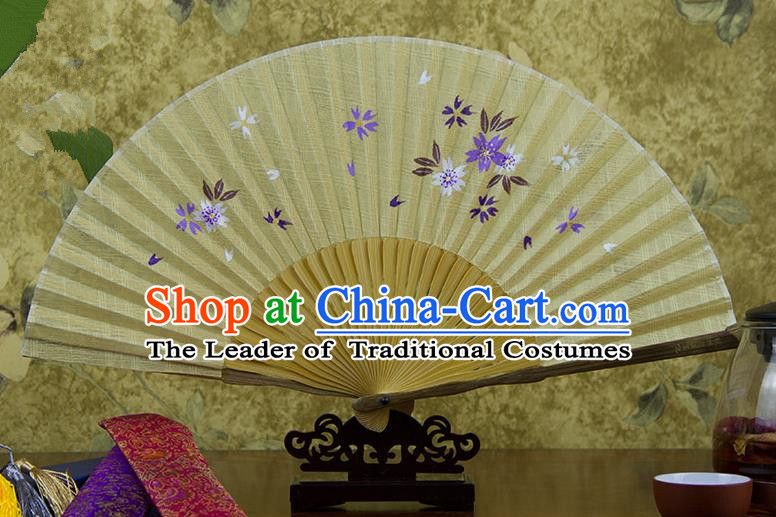 Traditional Chinese Handmade Crafts Printing Flower Folding Fan, China Classical Linen Sensu Yellow Fan Hanfu Fans for Women