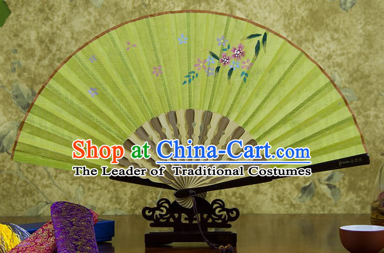Traditional Chinese Handmade Crafts Printing Flower Folding Fan, China Classical Linen Sensu Bright Yellow Fan Hanfu Fans for Women