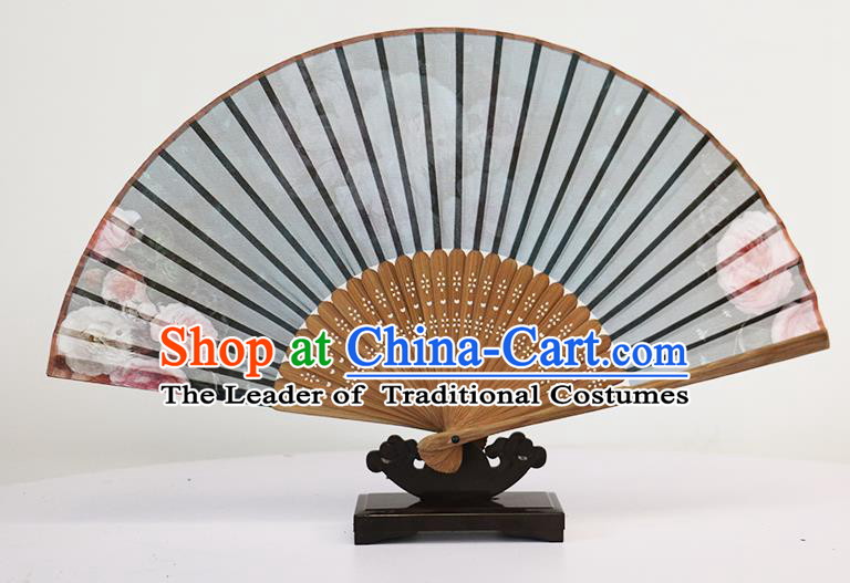 Traditional Chinese Handmade Crafts Silk Folding Fan, China Classical Chiffon Sensu Printing Peony Fan Hanfu Fans for Women