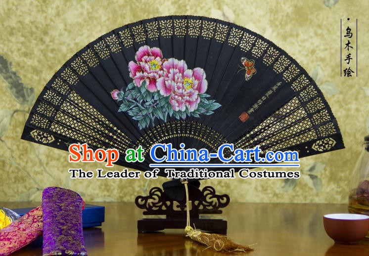 Traditional Chinese Handmade Crafts Ebomy Folding Fan, China Classical Hand Painting Peony Sensu Hollow Out Fan Hanfu Fans for Women