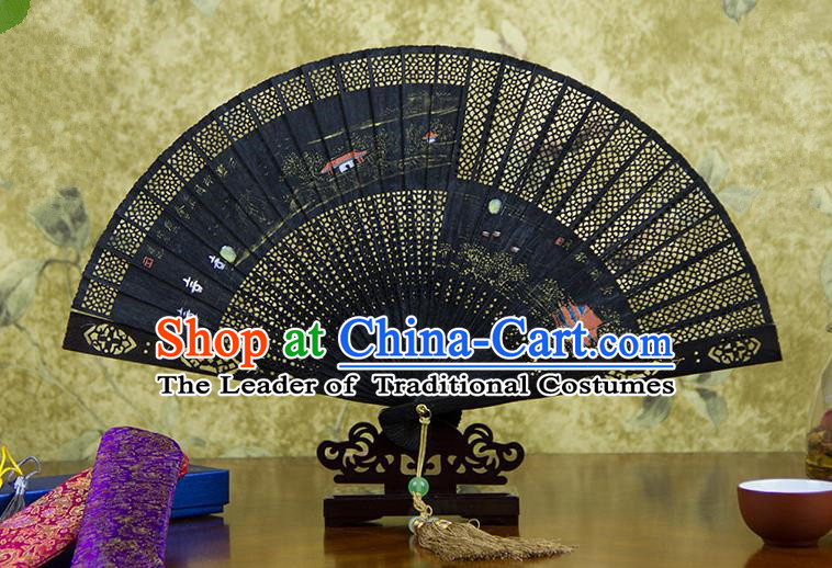 Traditional Chinese Handmade Crafts Ebomy Folding Fan, China Classical Hand Painting Scenery Sensu Hollow Out Fan Hanfu Fans for Women