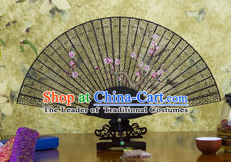 Traditional Chinese Handmade Crafts Ebomy Folding Fan, China Classical Sensu Hollow Out Plum Blossom Fan Hanfu Fans for Women