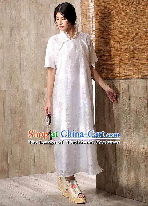Traditional Chinese Costume Elegant Hanfu Embroidered Dress, China Tang Suit Cheongsam White Qipao Plated Buttons Dress Clothing for Women