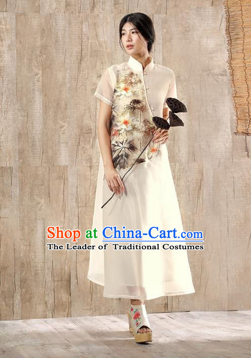 Traditional Chinese Costume Elegant Hanfu Printing Lotus Silk Dress, China Tang Suit Plated Buttons Cheongsam Beige Qipao Dress Clothing for Women