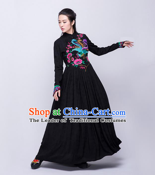 Traditional Chinese Costume Elegant Hanfu Embroidered Dress, China Tang Suit Plated Buttons Cheongsam Black Qipao Dress Clothing for Women