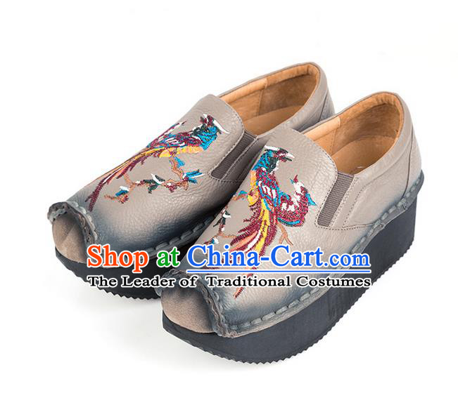 Traditional Chinese Shoes Embroidered Shoes Black Cow Leather Slipsole Shoes Hanfu Grey Shoes for Women