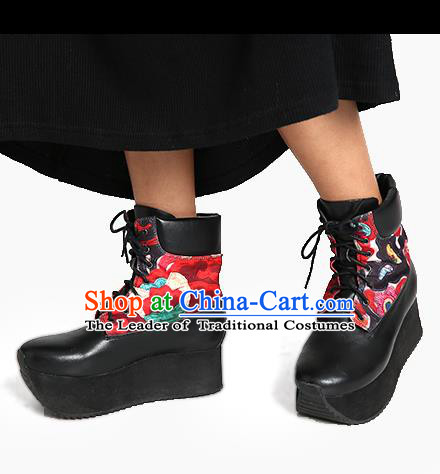 Traditional Chinese Shoes Embroidered Shoes Black Cow Leather Flange Boots Hanfu Shoes for Women