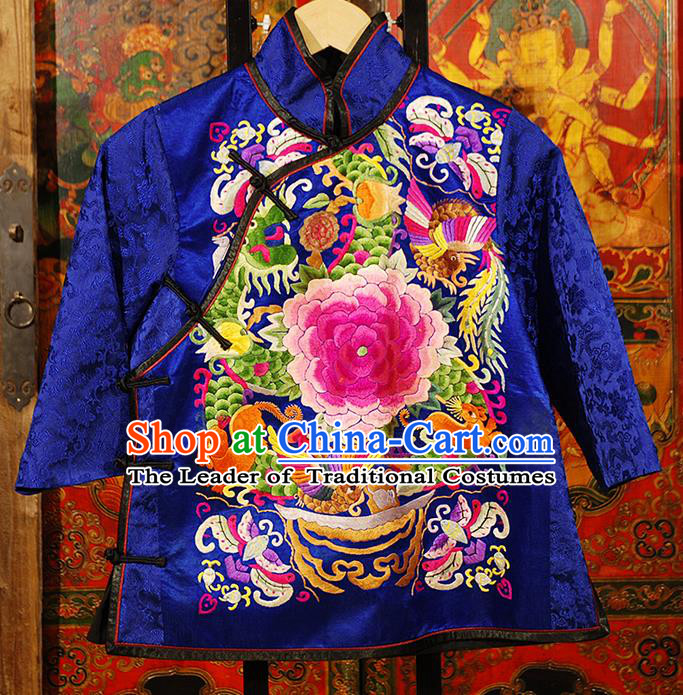 Traditional Chinese Costume Elegant Hanfu Embroidery Peony Blouse, China Tang Suit Plated Buttons Blue Jacket Short Coat Clothing for Women
