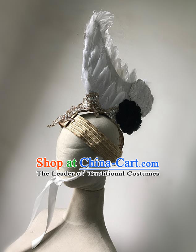 Top Grade Halloween Masquerade Ceremonial Occasions Handmade Model Show Baroque Hair Accessories White Feather Headdress Hat for Men