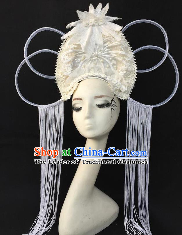 Top Grade Chinese Theatrical Headdress Ornamental Floral Hair Accessories, Ceremonial Occasions Handmade Traditional White Tassel Headdress for Women