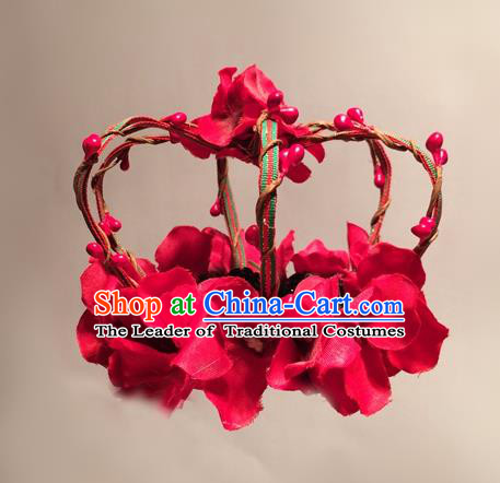 Top Grade Chinese Theatrical Headdress Ornamental Red Flowers Hair Accessories, Ceremonial Occasions Handmade Halloween Royal Crown for Women