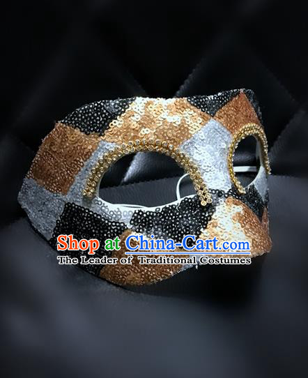Top Grade Chinese Theatrical Luxury Headdress Ornamental Mask, Halloween Fancy Ball Ceremonial Occasions Handmade Golden Blindfold for Men