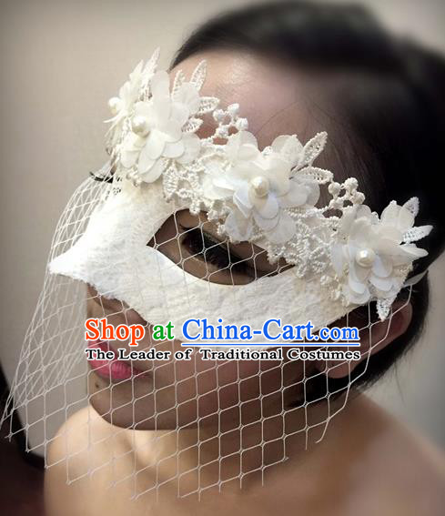 Top Grade Chinese Theatrical Luxury Headdress Ornamental White Lace Mask, Halloween Fancy Ball Ceremonial Occasions Handmade Bride Face Mask for Women