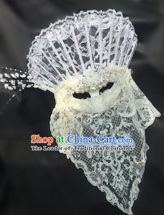 Top Grade Chinese Theatrical Luxury Headdress Ornamental White Lace Mask, Halloween Fancy Ball Asian Headpieces Model Show Headwear for Women