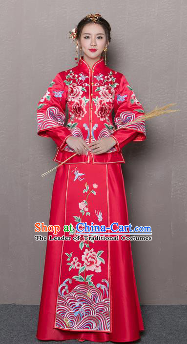 Traditional Ancient Chinese Wedding Costume Handmade XiuHe Suits Embroidery Peony Red Long Sleeve Dress Bride Toast Cheongsam, Chinese Style Hanfu Wedding Clothing for Women
