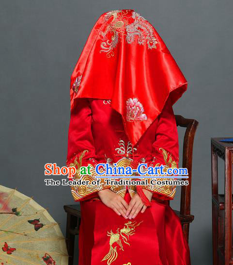 Traditional Ancient Chinese Wedding Embroidery Phoenix Red Veil, Chinese Style Wedding Red Bridal Cover for Women