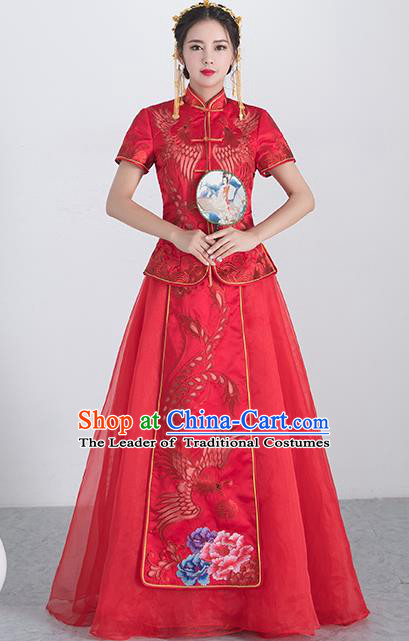 Traditional Ancient Chinese Wedding Costume Handmade XiuHe Suits Embroidery Phoenix Red Short Sleeve Dress Bride Toast Cheongsam, Chinese Style Hanfu Wedding Clothing for Women