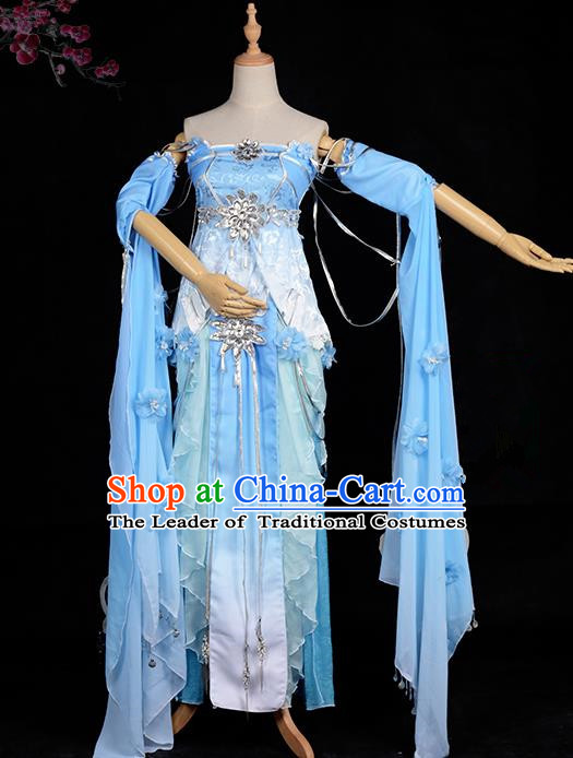 Chinese Ancient Cosplay Han Dynasty Young Lady Water Sleeve Costumes, Chinese Traditional Blue Dress Clothing Chinese Cosplay Swordsman Costume for Women