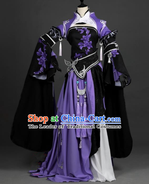 Chinese Ancient Cosplay Han Dynasty Young Lady Costumes, Chinese Traditional Purple Dress Clothing Chinese Cosplay Swordsman Costume for Women