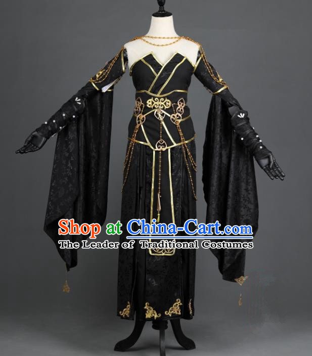 Chinese Ancient Cosplay Han Dynasty Young Lady Costumes, Chinese Traditional Embroidery Black Hanfu Dress Clothing Chinese Swordswoman Fairy Costume for Women
