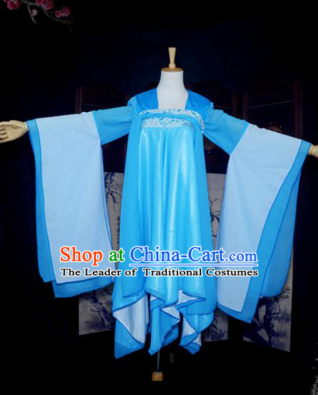 Chinese Ancient Cosplay Tang Dynasty Young Lady Blue Dress, Chinese Traditional Hanfu Clothing Chinese Fairy Costume for Women