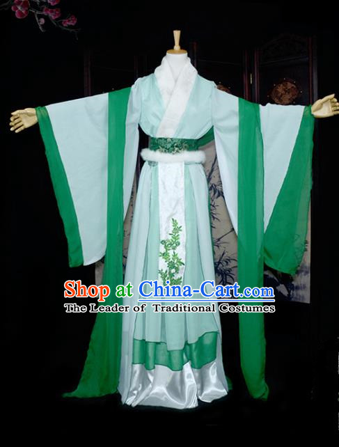 Chinese Ancient Cosplay Tang Dynasty Young Lady Embroidery Bamboo Green Dress, Chinese Traditional Hanfu Clothing Chinese Fairy Costume for Women