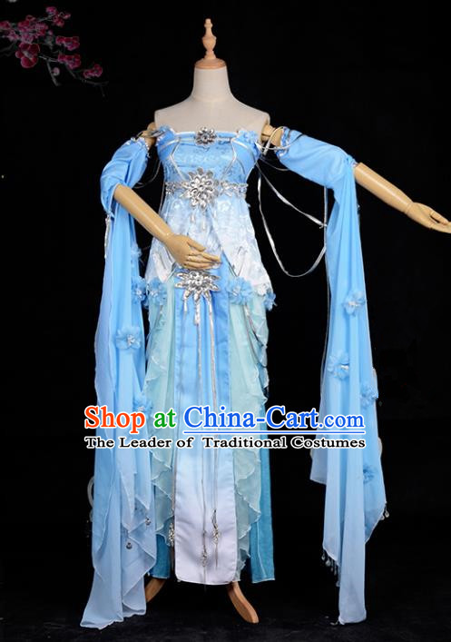 Chinese Ancient Cosplay Tang Dynasty Chivalrous Lady Embroidery Blue Dress, Chinese Traditional Hanfu Clothing Chinese Fairy Costume for Women