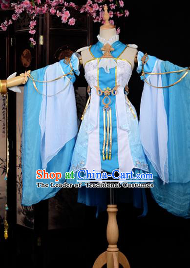 Chinese Ancient Cosplay Tang Dynasty Young Lady Embroidery Blue Dress, Chinese Traditional Hanfu Clothing Chinese Princess Fairy Costume for Women