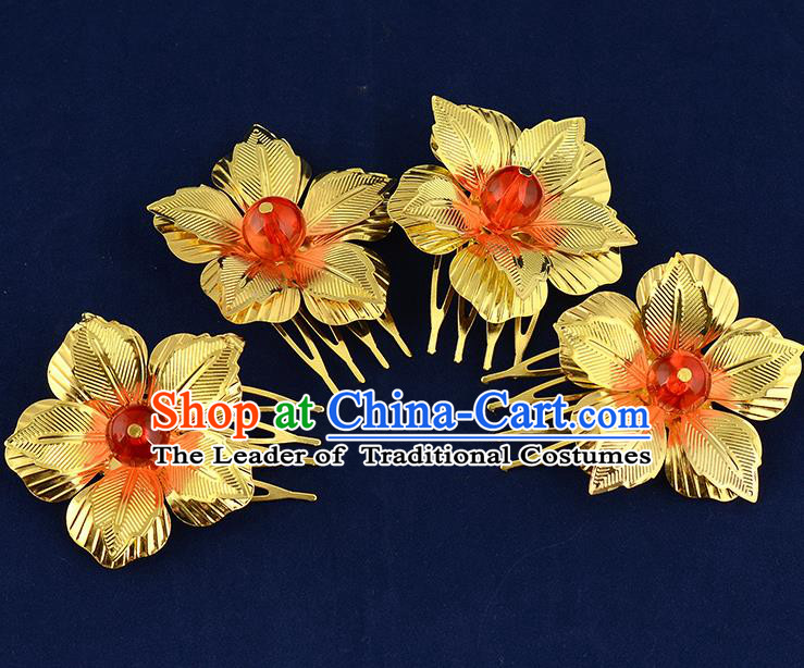 Traditional Handmade Chinese Ancient Classical Hair Accessories Xiuhe Suit Golden Flower Hairpin Hair Comb, Hair Sticks Hair Jewellery Hair Fascinators for Women
