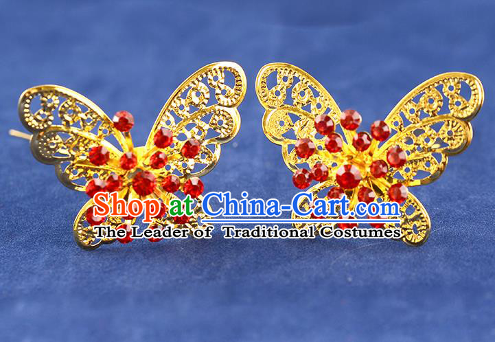 Traditional Handmade Chinese Ancient Classical Hair Accessories Xiuhe Suit Red Crystal Butterfly Hairpin Hair Comb, Hair Sticks Hair Jewellery Hair Fascinators for Women