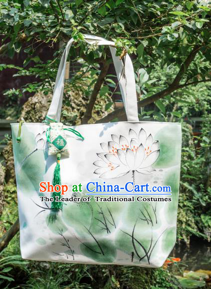 Traditional Handmade Chinese Printing Lotus Green Bags, China Ancient Canvas Handbags for Women