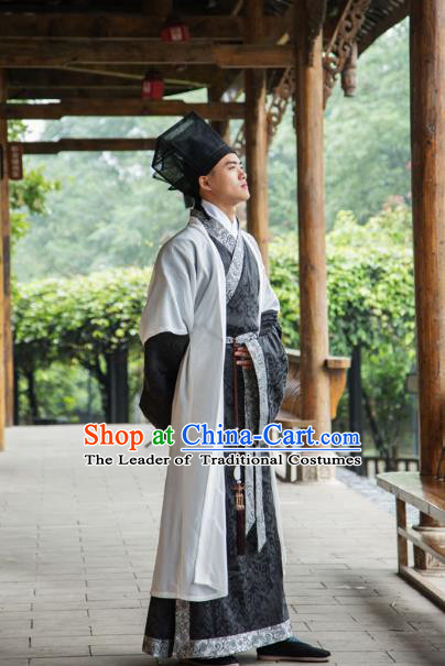 Traditional Chinese Han Dynasty Nobility Childe Hanfu Costume Half-Arm Shawl Long Robe, China Ancient Scholar Clothing Complete Set for Men
