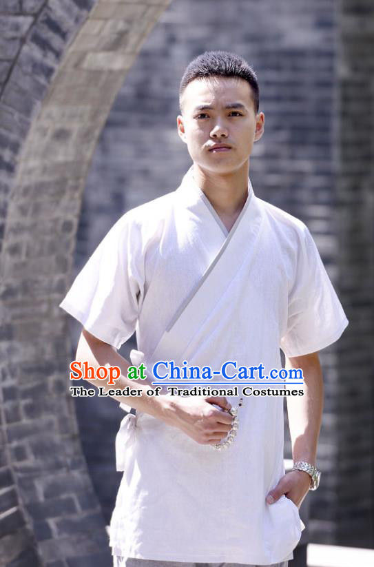 Traditional Chinese Han Dynasty Nobility Childe Hanfu Costume Slant Opening White Shirt, China Ancient Martial Arts Upper Garment Clothing for Men