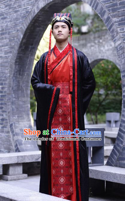Traditional Chinese Han Dynasty Emperor Hanfu Costume Wedding Red Long Robe, China Ancient Bridegroom Clothing for Men