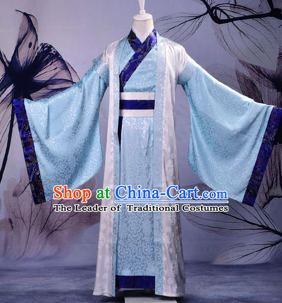 Traditional Chinese Han Dynasty Nobility Childe Hanfu Costume Blue Long Robe, China Ancient Minister Scholar Clothing for Men
